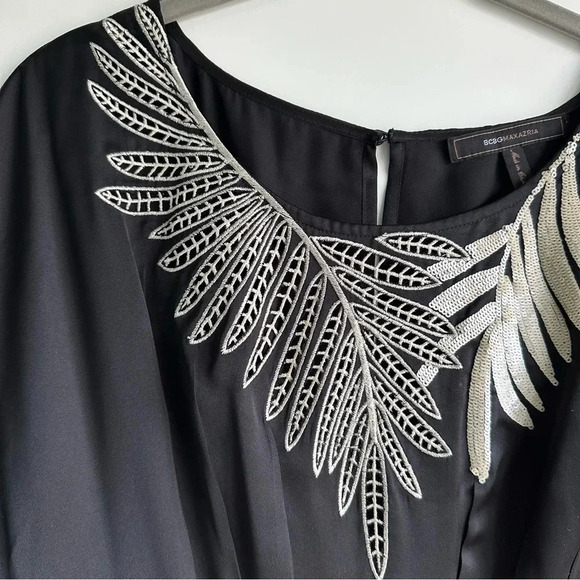 BCBG MaxAzria Silk Dress Embroidered Sequins Size Medium Leaves Pleats Boat Neck - Picture 2 of 11